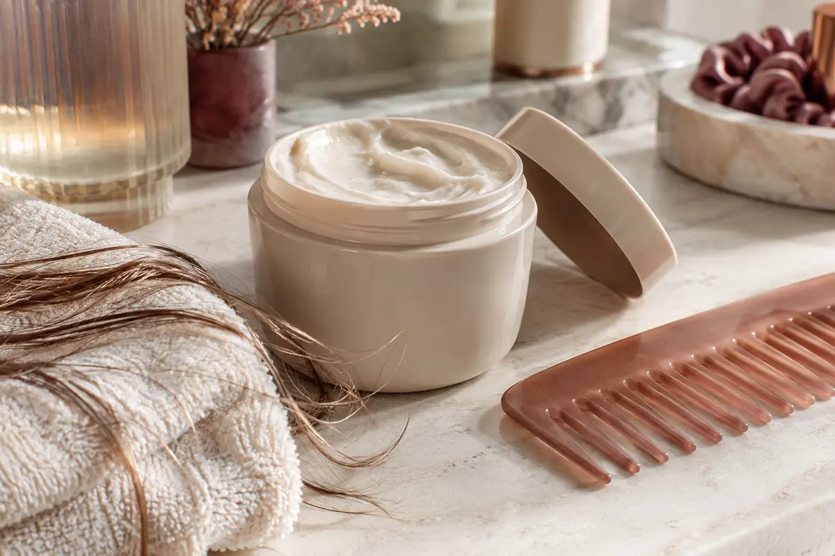 Pot de masque capillaire et peigne posés près d’une serviette et de mèches fines
