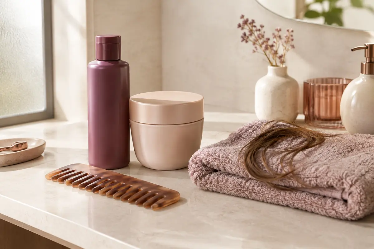Flacon d’après-shampoing, pot de masque capillaire et peigne posés sur une étagère de salle de bain
