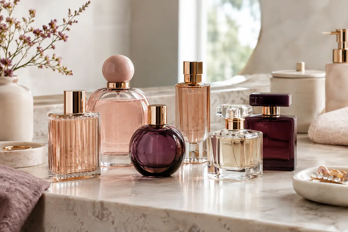 Flacons de parfum de formats variés présentés sur une tablette claire dans une lumière naturelle douce