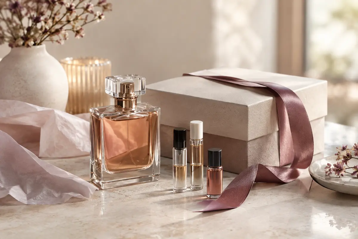 Flacon de parfum et coffret découverte présentés sur une table claire pour illustrer une idée cadeau.