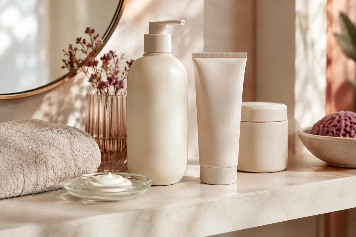 Flacon de lait corps et tube cosmétique posés sur une étagère claire avec une serviette pliée