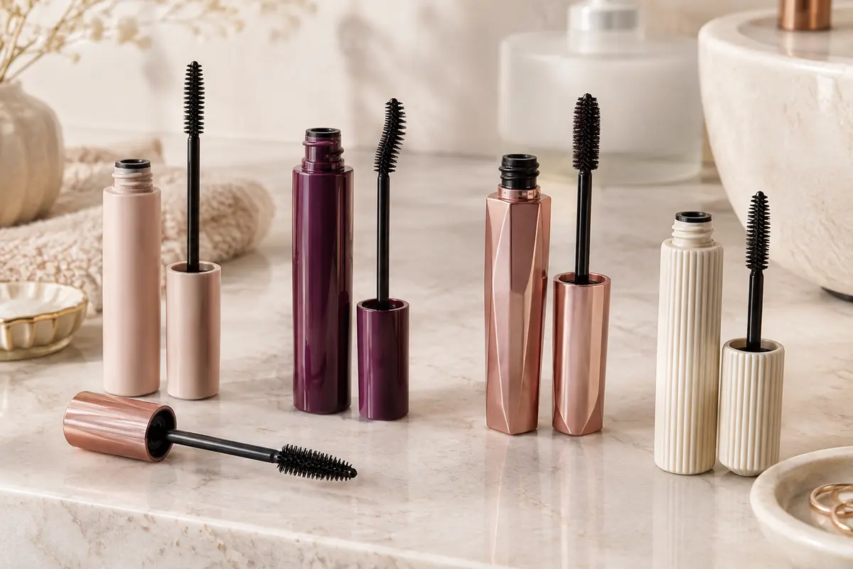 Mascaras et brosses de formes différentes présentés pour comparer les effets sur les cils