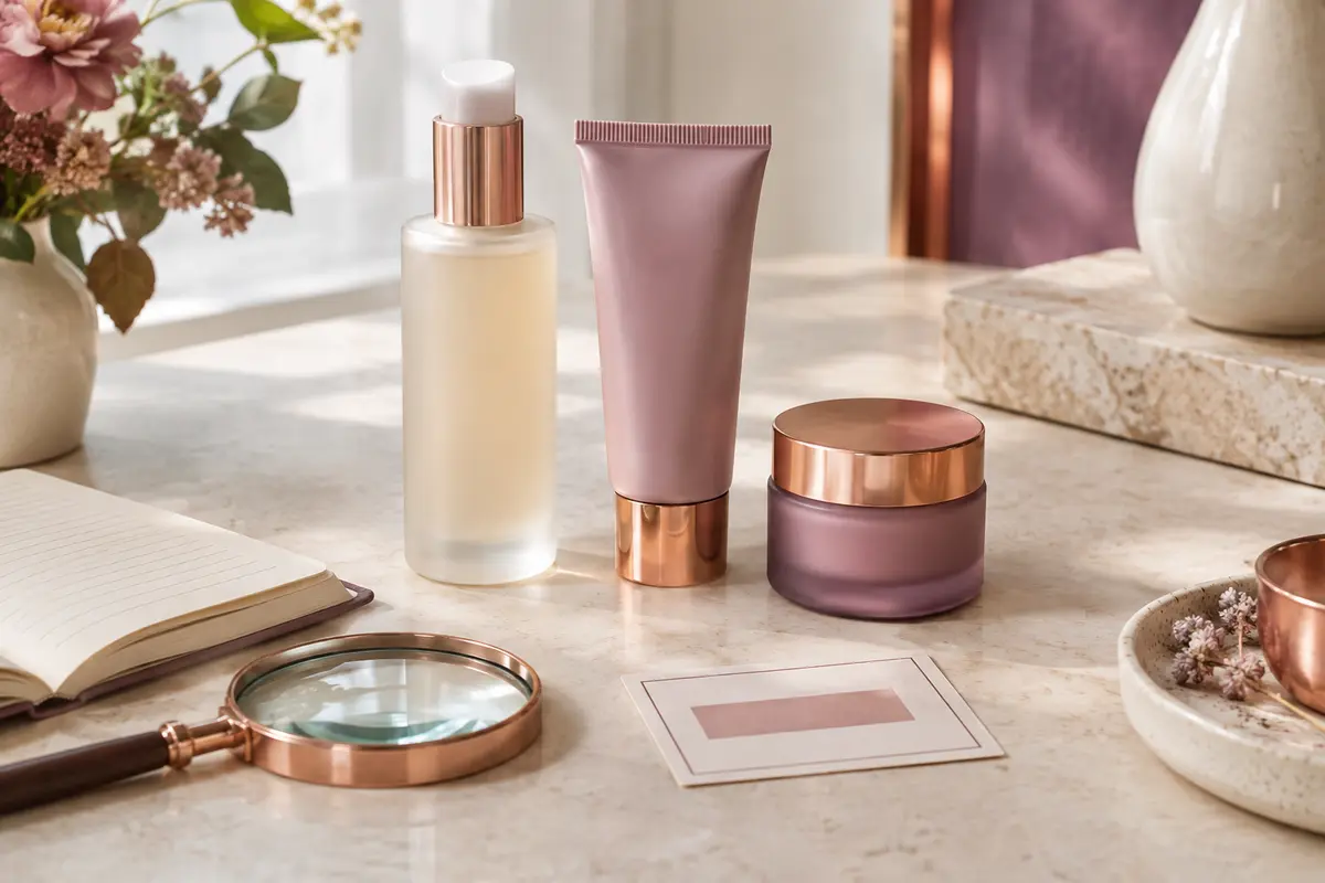 Produits cosmétiques et loupe illustrant l’examen des informations figurant sur une étiquette