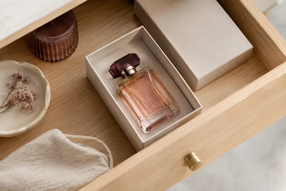 Flacon d’eau de parfum fermé et rangé à l’abri de la lumière dans un tiroir