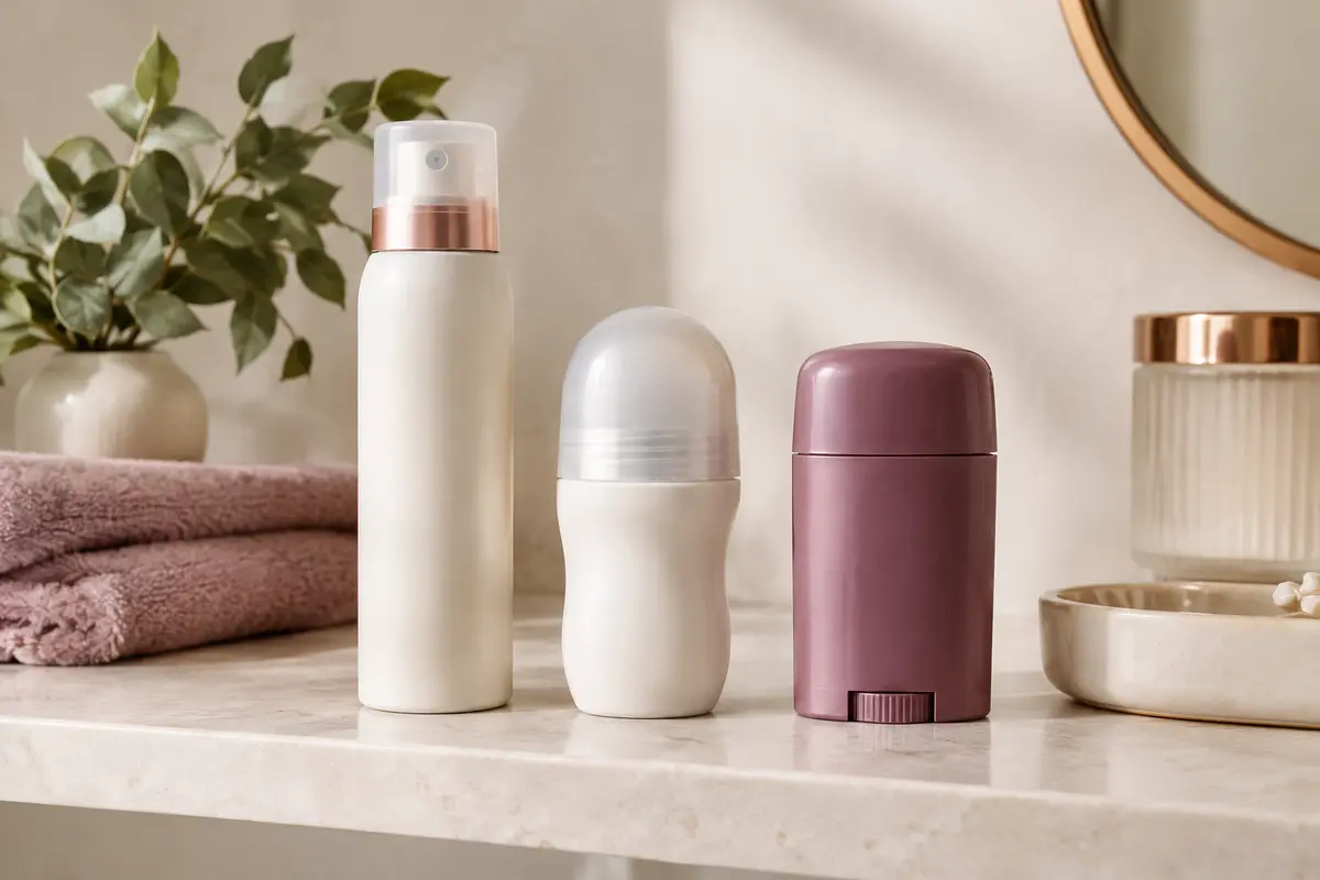 Différents formats de déodorant, dont un spray, un roll-on et un stick, posés sur une étagère de salle de bain