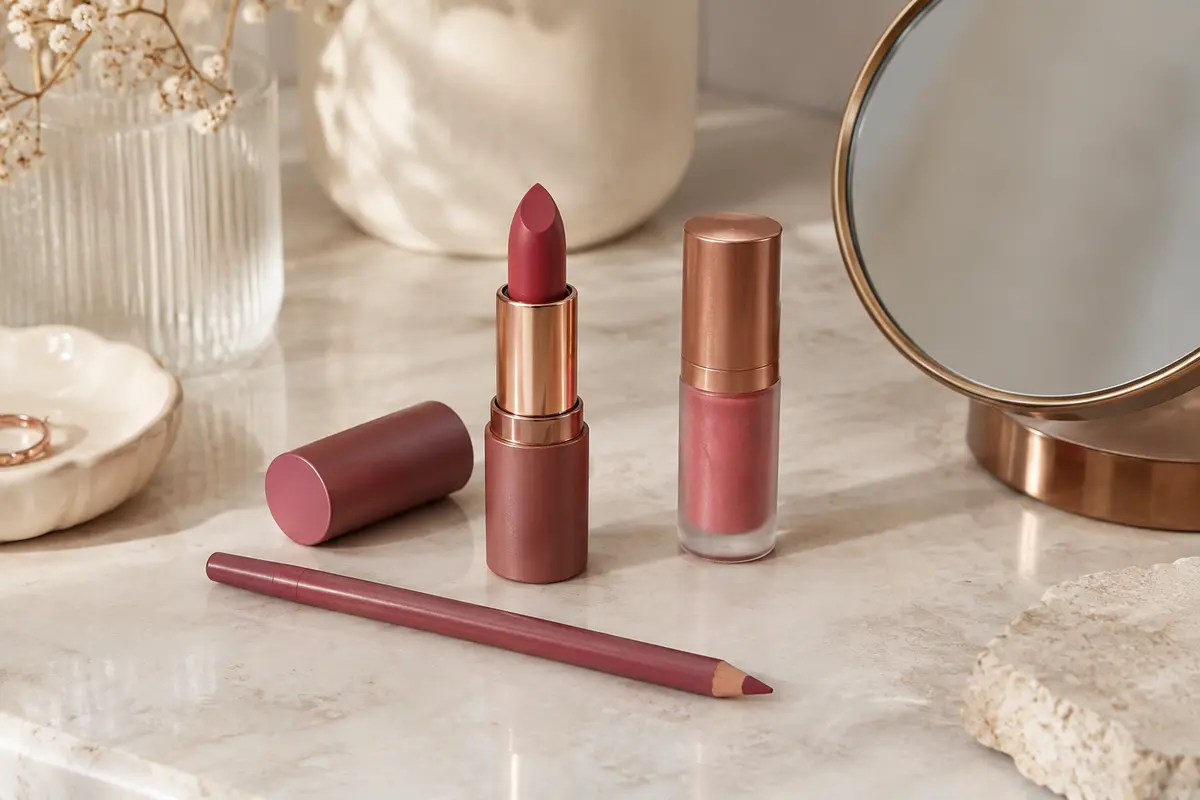 Rouge à lèvres, crayon et baume teinté réunis sur une coiffeuse claire