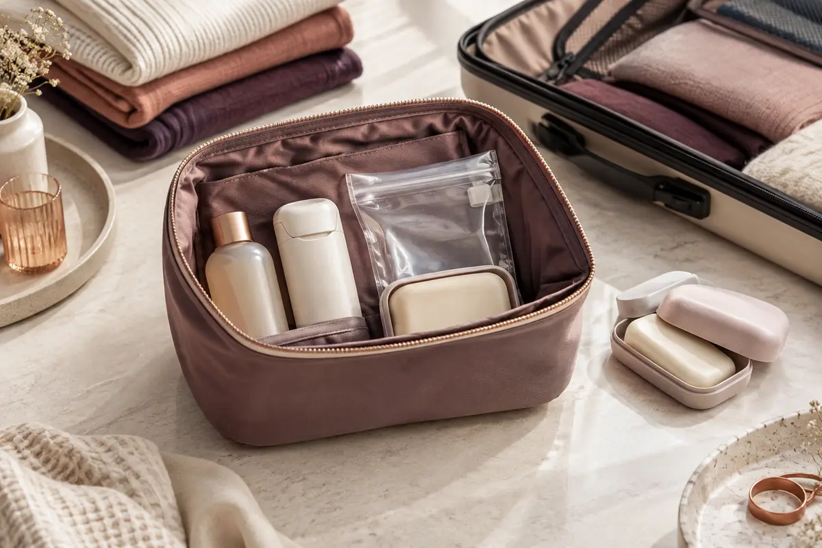 Trousse de voyage avec un petit flacon de gel douche fermé et une pochette de protection contre les fuites