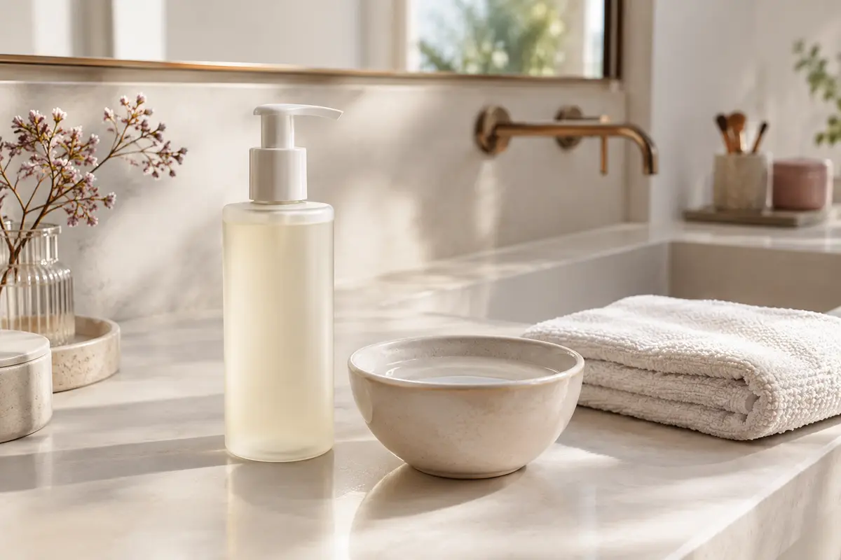 Différents formats de nettoyants visage posés près d’un lavabo et d’une serviette pliée