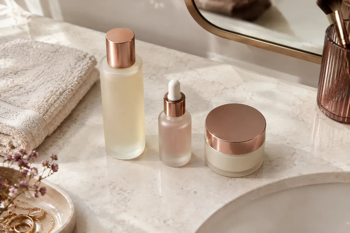 Nettoyant, sérum et crème disposés dans l’ordre sur un lavabo clair