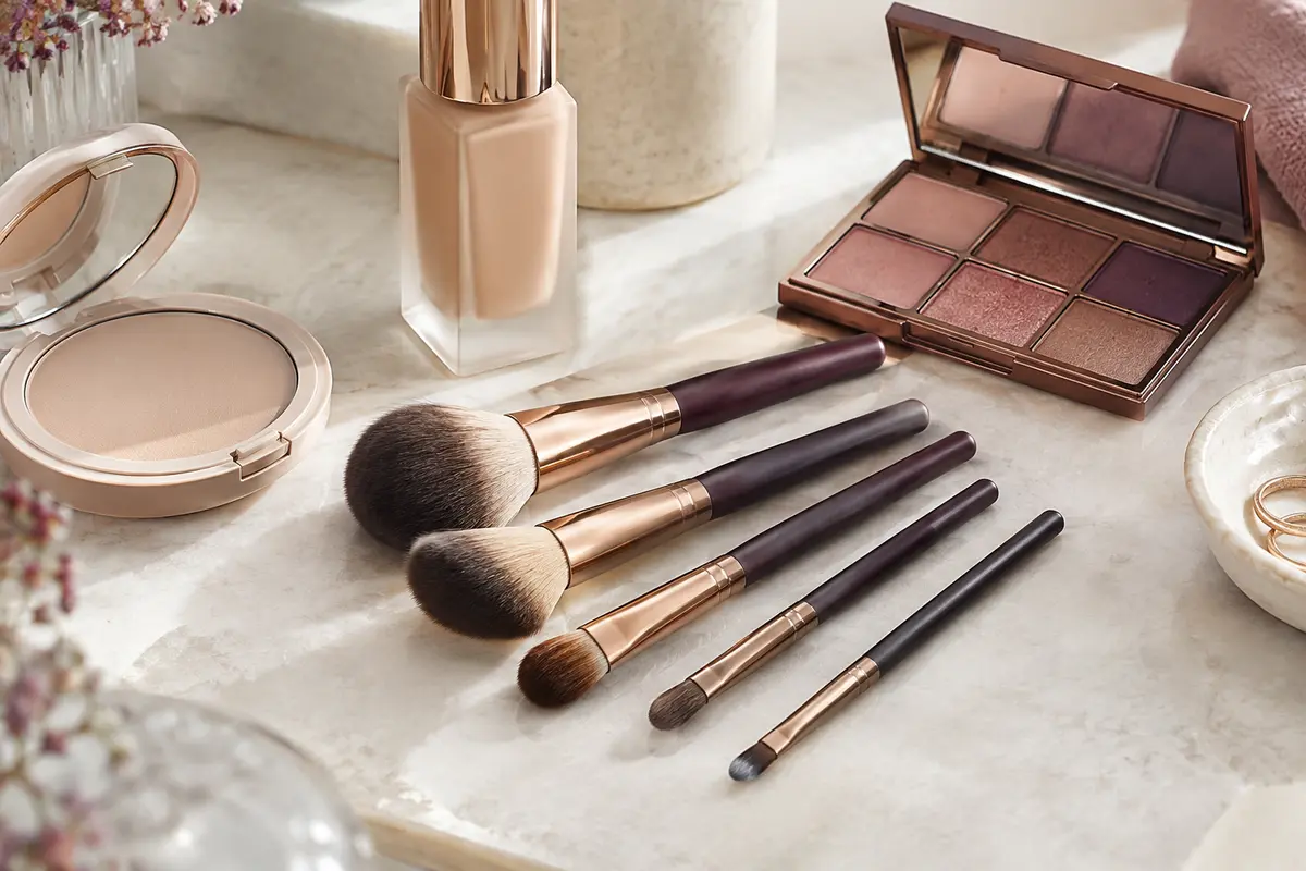 Pinceaux de maquillage de formes variées posés près d’un fond de teint et d’une palette de fards