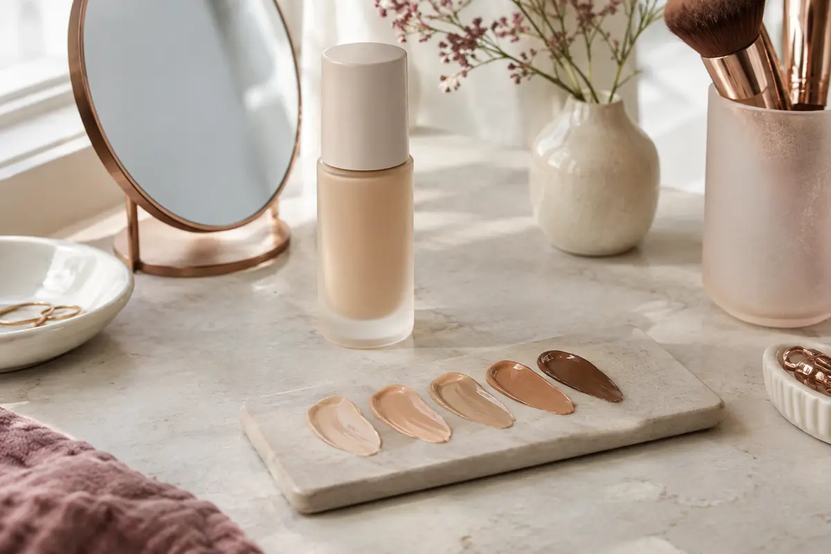 Échantillons de fond de teint de nuances variées disposés près d’un miroir à la lumière du jour