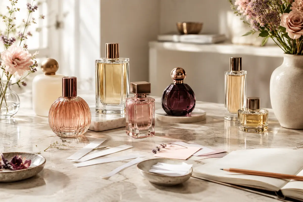 Flacons de parfum et touches de papier disposés pour comparer plusieurs fragrances en boutique