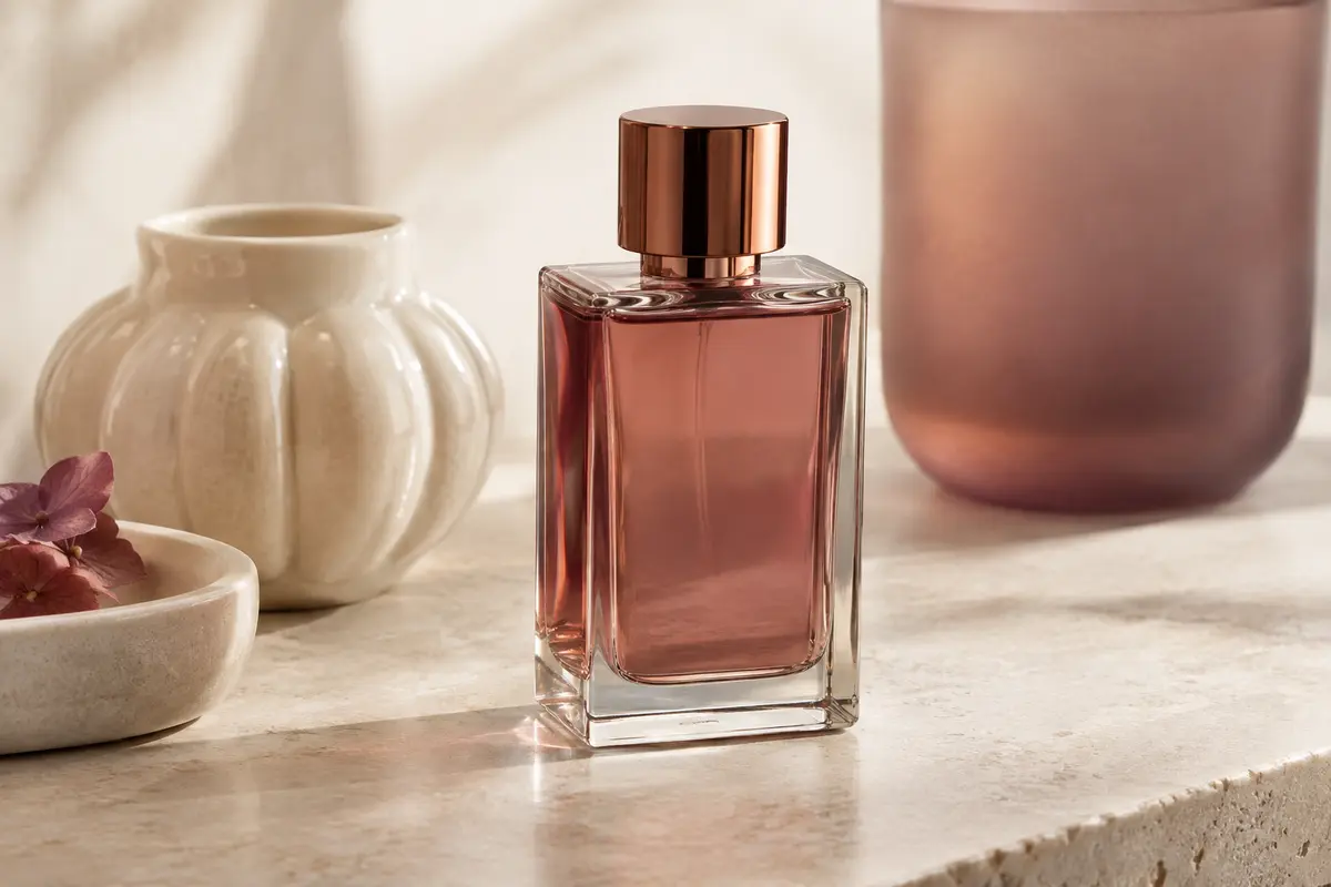 Flacon élégant d’eau de parfum Afnan 9 PM posé sur une surface claire dans un décor de beauté raffiné