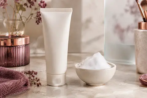 Mousse nettoyante visage Anua au BHA mise en scène sur pierre claire avec du verre dépoli