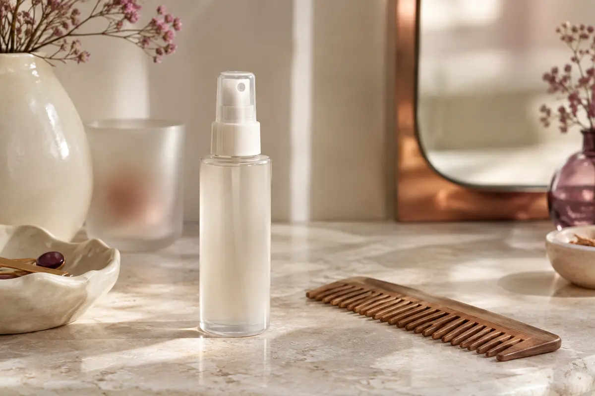 Petit flacon-spray d’après-shampooing sans rinçage posé sur une pierre claire dans un décor de beauté épuré