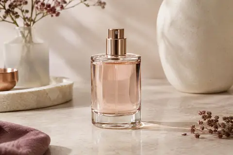Flacon vaporisateur d’eau de toilette posé sur une pierre claire dans un décor de beauté épuré