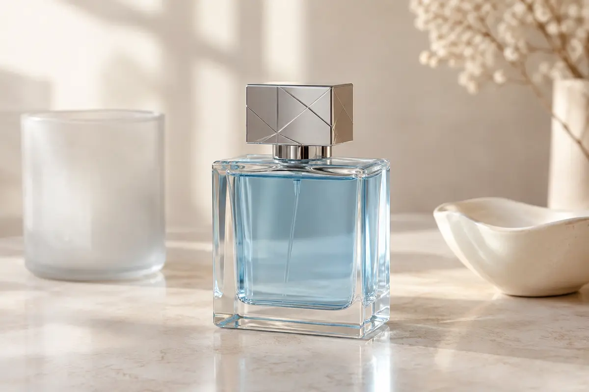 Flacon carré en verre transparent au jus bleu ciel et capot argenté posé sur une pierre claire