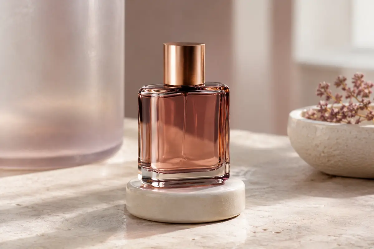 Flacon vaporisateur Azzaro The Most Wanted posé sur une pierre claire, avec des accents prune et cuivre.