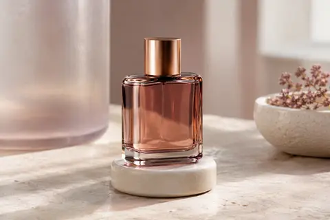 Flacon vaporisateur Azzaro The Most Wanted posé sur une pierre claire, avec des accents prune et cuivre.