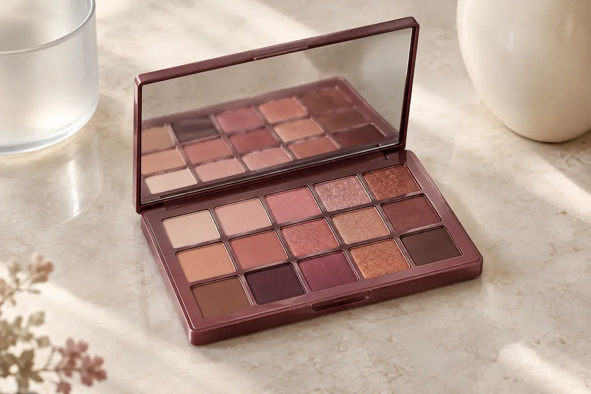 Palette de fards à paupières ouverte aux nuances nude, roses et brunes, avec des finis mats et lumineux