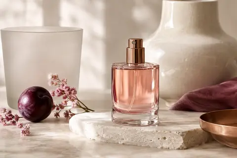 Flacon d’eau de parfum pour homme posé sur la pierre claire, près d’un verre dépoli et d’une céramique ivoire.