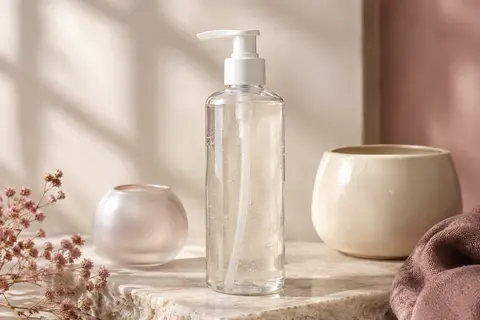 Flacon pompe translucide de gel nettoyant posé sur une pierre claire près d’une céramique ivoire.