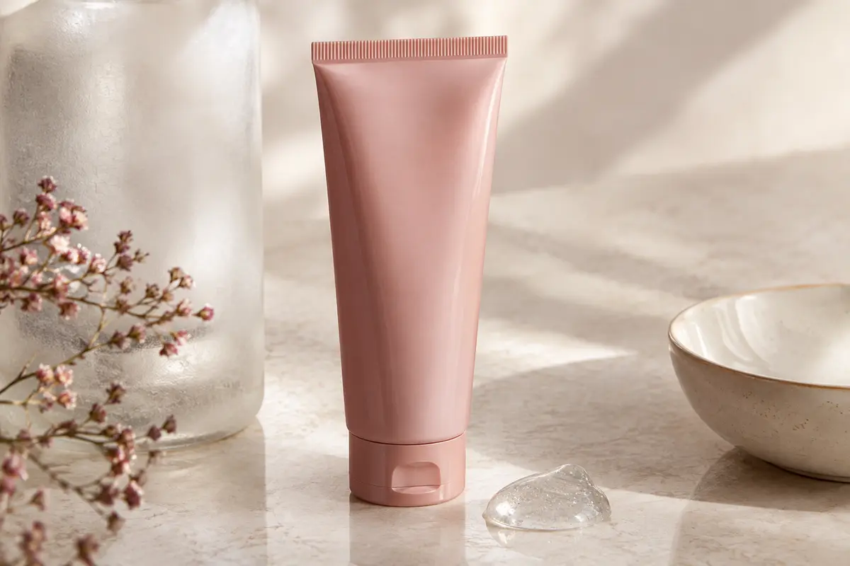 Tube compact de gel nettoyant visage accompagné d’une noisette de gel translucide sur une pierre claire