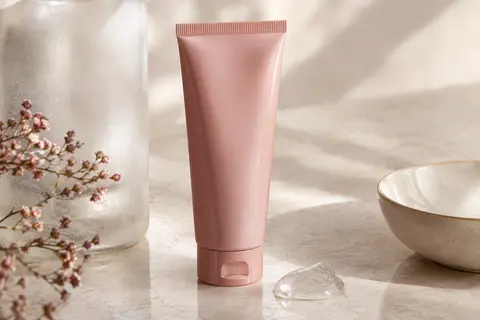 Tube compact de gel nettoyant visage accompagné d’une noisette de gel translucide sur une pierre claire