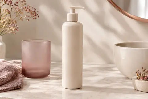 Flacon de gel lavant Biolane pour bébé posé sur une surface en pierre claire et céramique ivoire