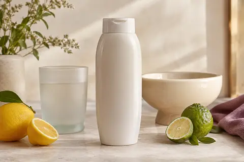 Bouteille de gel douche aux agrumes mise en scène sur pierre claire avec citron et feuilles