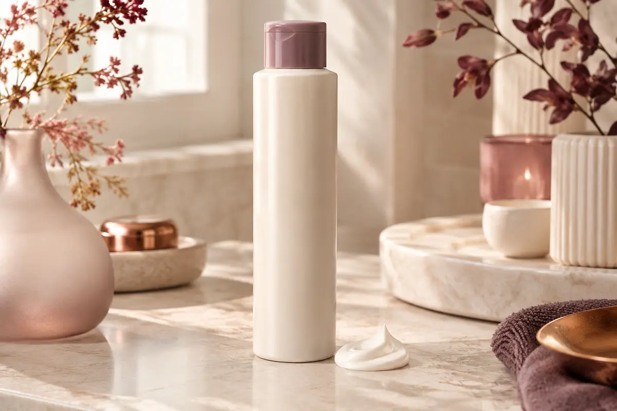 Flacon neutre d’après-shampooing en lotion posé sur une pierre claire dans un décor de beauté épuré.