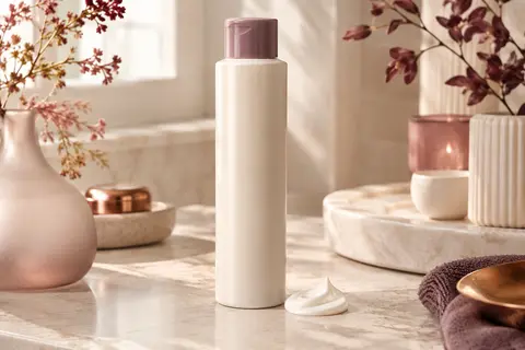 Flacon neutre d’après-shampooing en lotion posé sur une pierre claire dans un décor de beauté épuré.