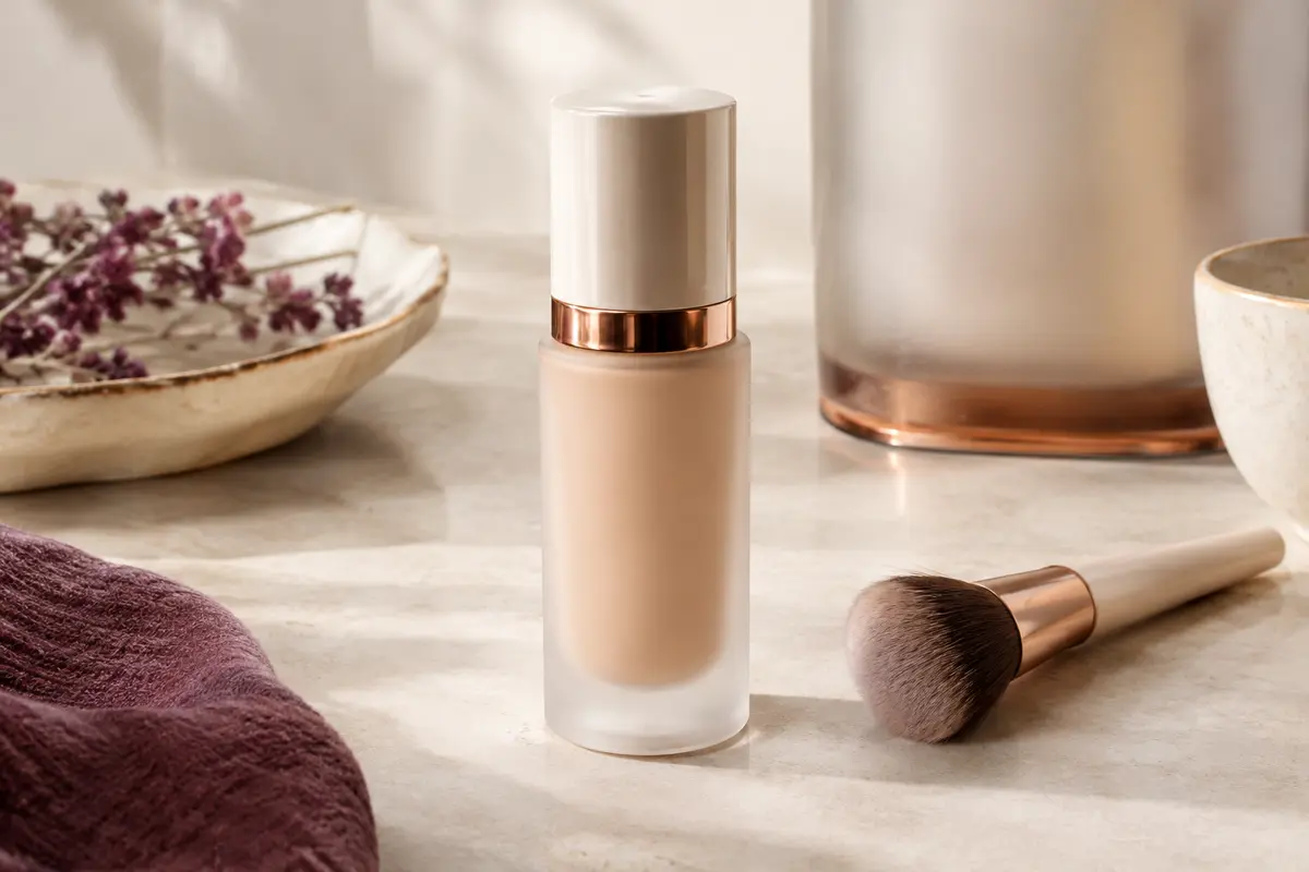 Flacon de fond de teint liquide beige clair posé sur une pierre claire dans un décor de beauté épuré