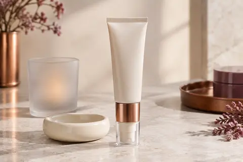 Crème hydratante visage SPF 30 en tube-pompe posée sur une surface de pierre claire dans un décor épuré