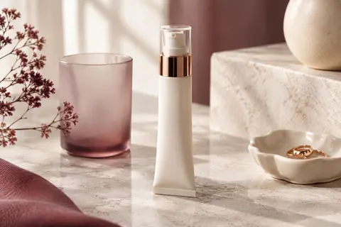 Crème hydratante visage SPF 50 en tube-pompe airless posée sur une pierre claire