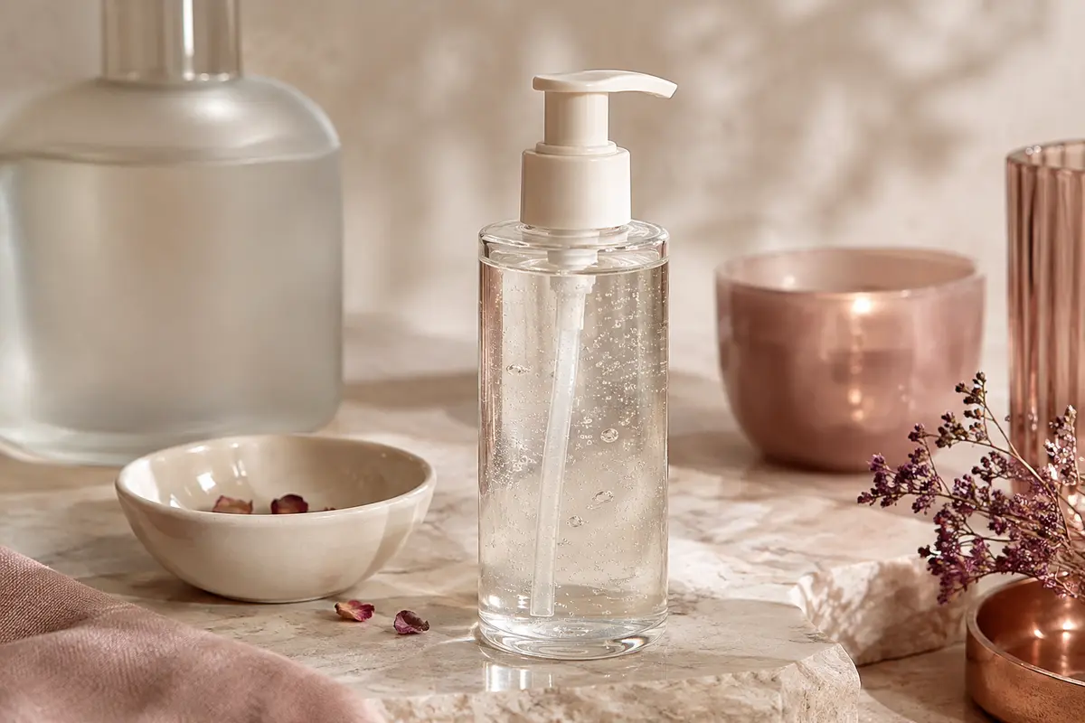 Gel moussant anti-imperfections présenté avec une mousse légère sur une surface claire.