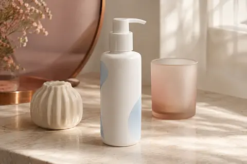 Flacon-pompe de gel moussant nettoyant posé sur une surface de pierre claire avec une coupelle ivoire.