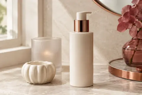 Flacon de lait hydratant pour le visage et le corps posé sur une pierre claire, près d’une céramique ivoire.