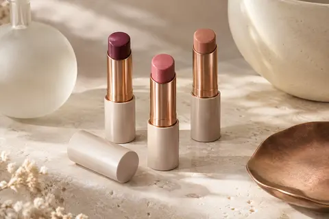 Trois baumes à lèvres teintés aux nuances prune, rose doux et nude sur une surface claire