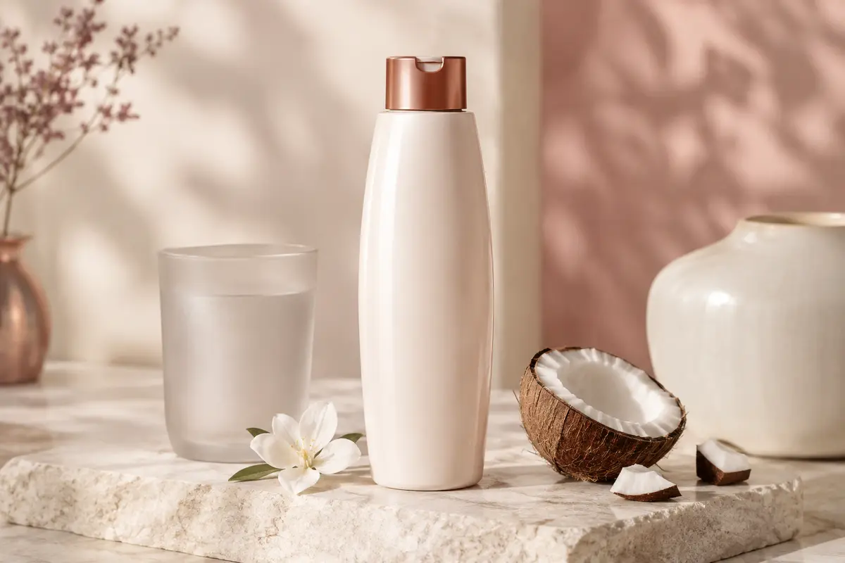 Bouteille de crème douche surgras au monoï de 500 ml mise en scène sur une pierre claire