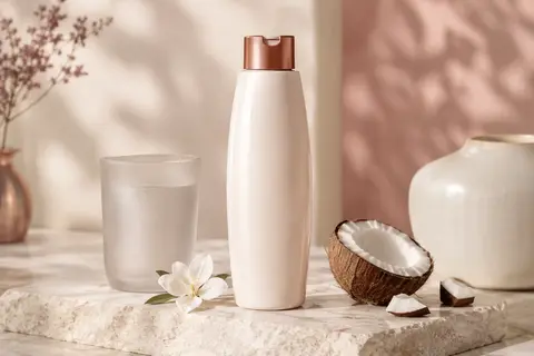 Bouteille de crème douche surgras au monoï de 500 ml mise en scène sur une pierre claire