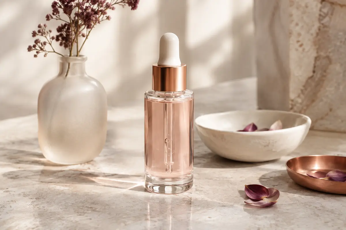 Flacon de sérum tonique pour le visage posé sur une pierre claire, près d’accessoires en verre et céramique.