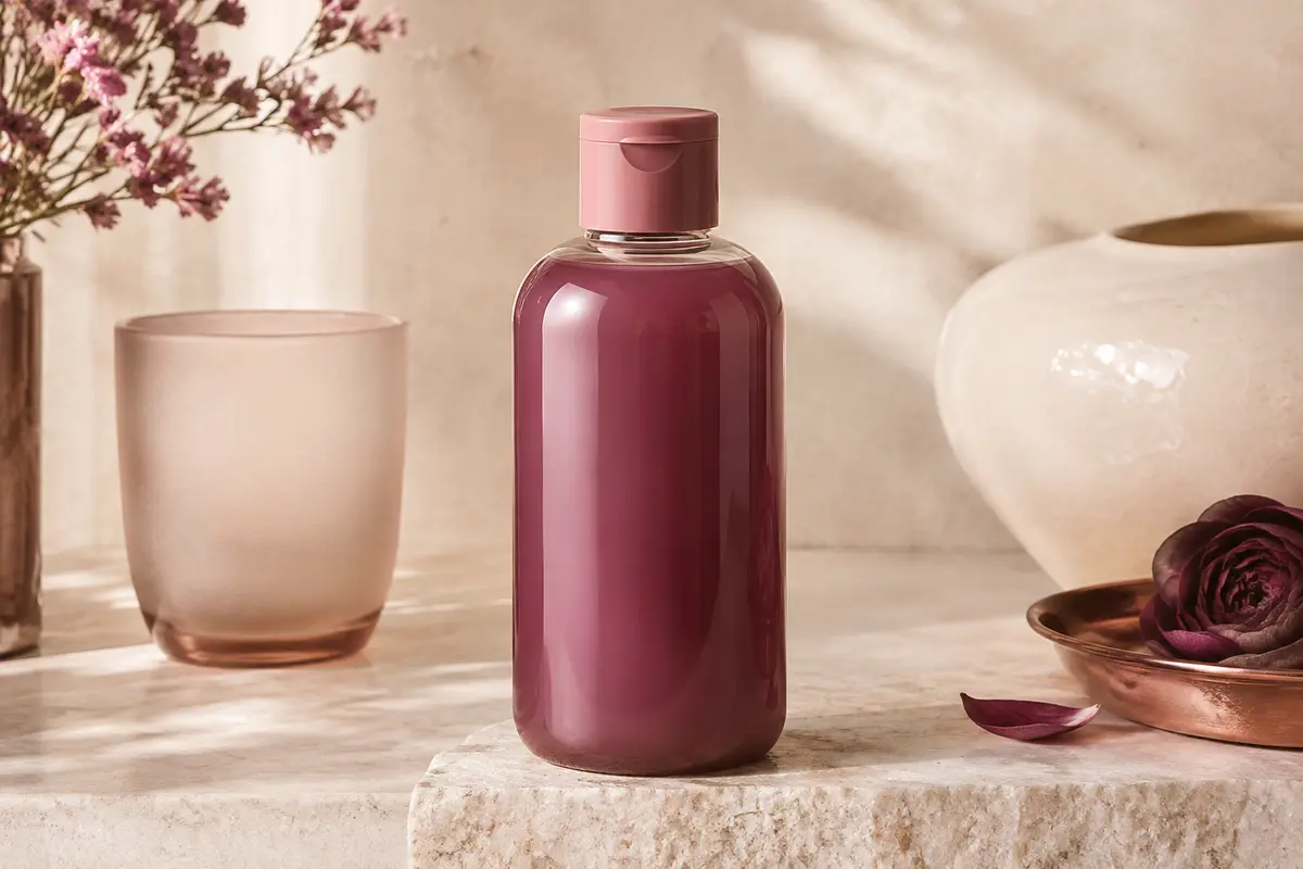 Bouteille de gel douche Cremo présentée sur une pierre claire avec du verre dépoli et une céramique ivoire.
