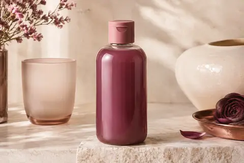 Bouteille de gel douche Cremo présentée sur une pierre claire avec du verre dépoli et une céramique ivoire.