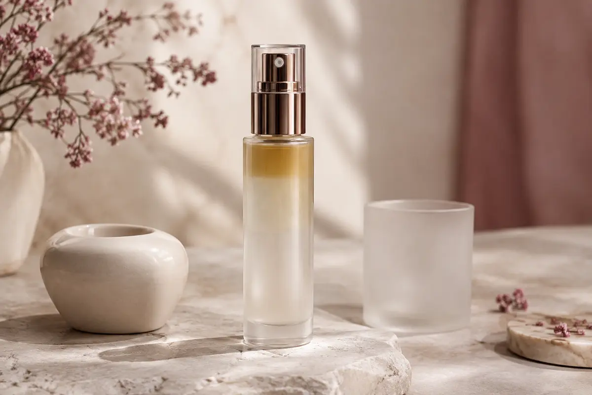 Flacon vaporisateur du sérum brume biphasé à la truffe blanche posé sur une pierre claire