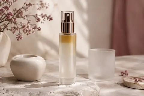 Flacon vaporisateur du sérum brume biphasé à la truffe blanche posé sur une pierre claire