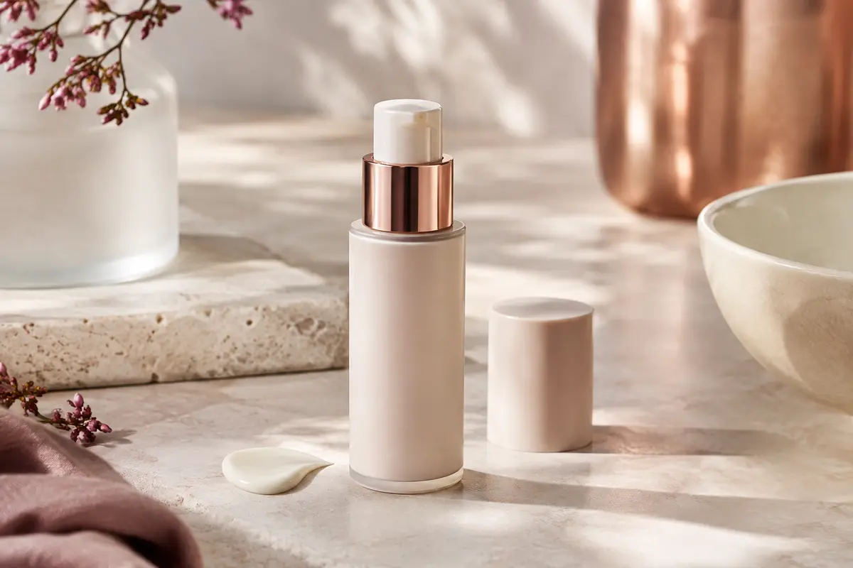 Flacon de crème visage posé sur une pierre claire, avec une touche de crème et une coupelle en céramique.