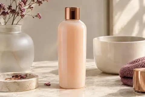 Flacon de gel douche aux agrumes posé sur une pierre claire près d’un verre dépoli et d’agrumes.