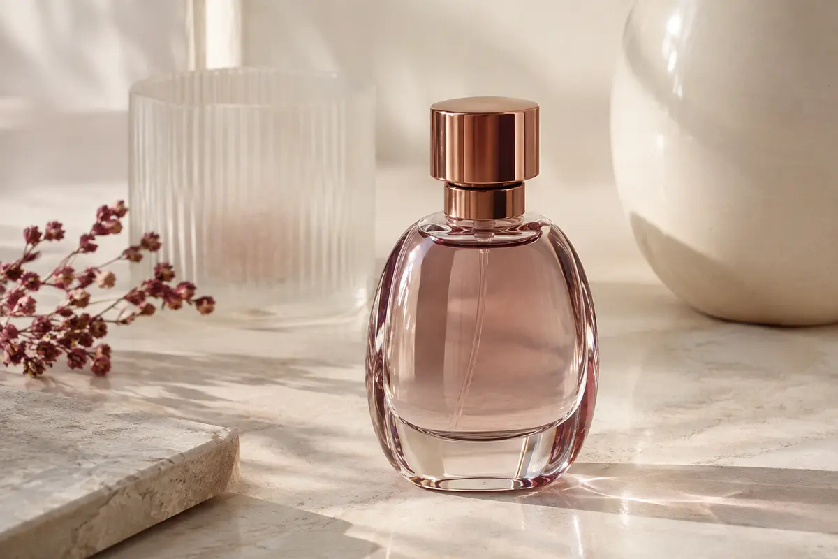Flacon d’eau de parfum Drakkar Intense posé sur une pierre claire, près d’un verre dépoli et d’une coupelle ivoire.