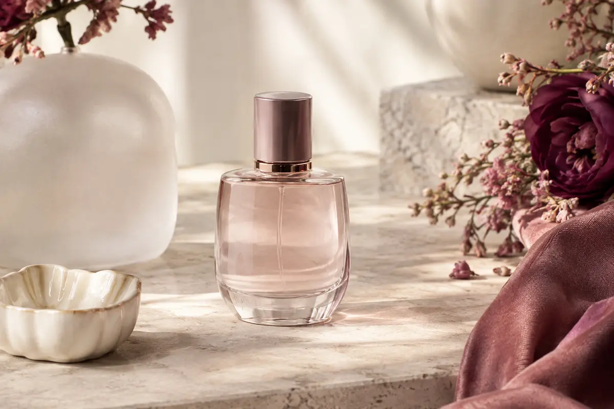 Flacon d’eau de toilette Giorgio Beverly Hills posé sur une pierre claire dans un décor de beauté épuré.